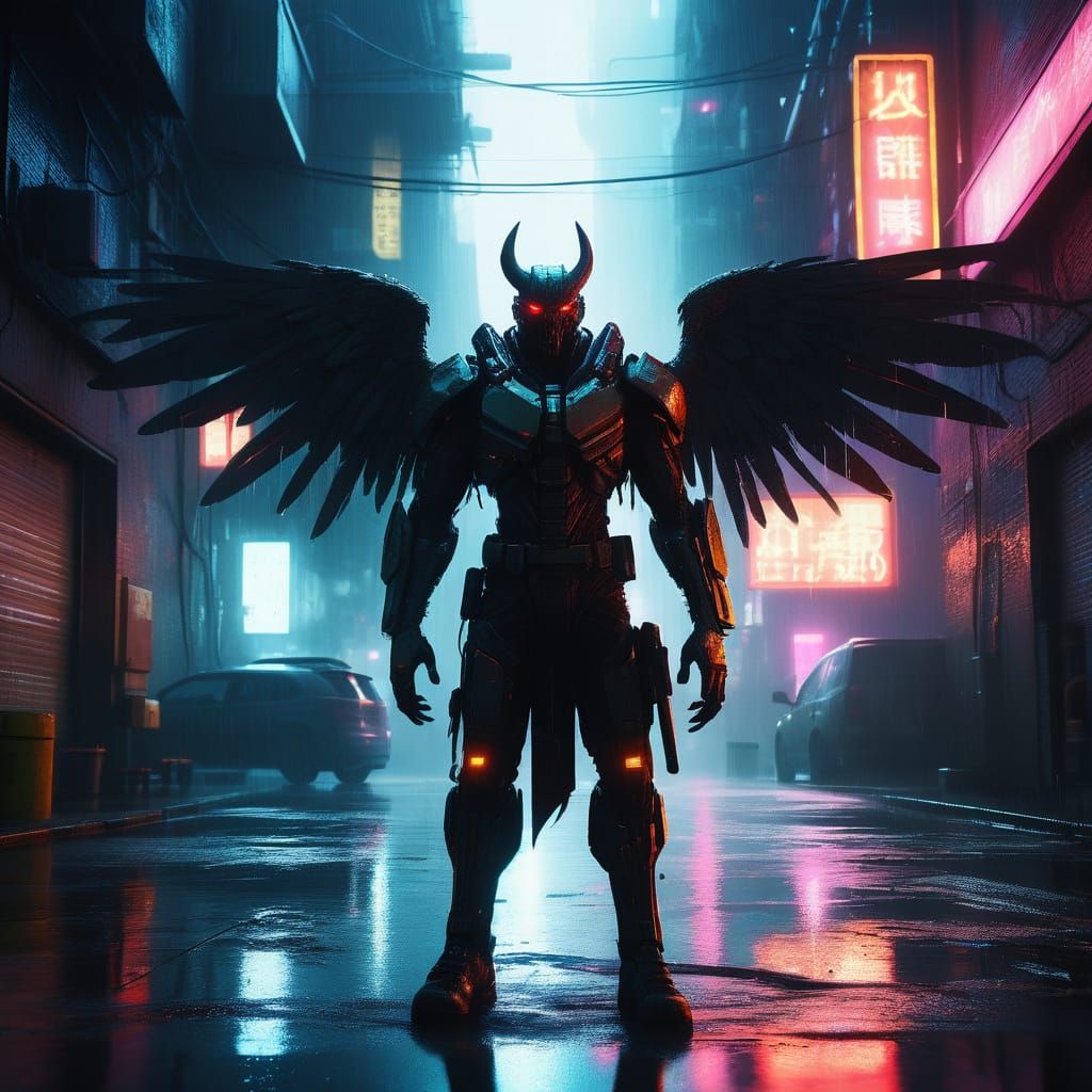 Cyberpunk Demon with Shimmering Medal Wings