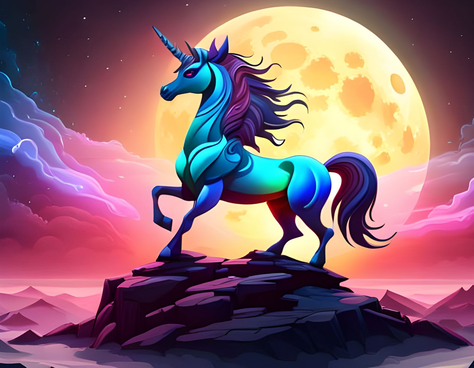 Robotic Glass Unicorn Under Cosmic Bloodmoon