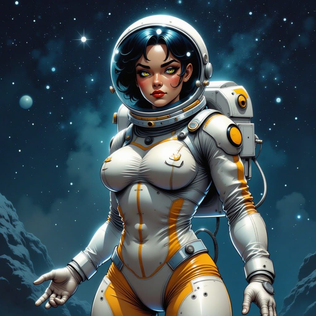 A beautiful woman in a figure-hugging silver and gold spaces...