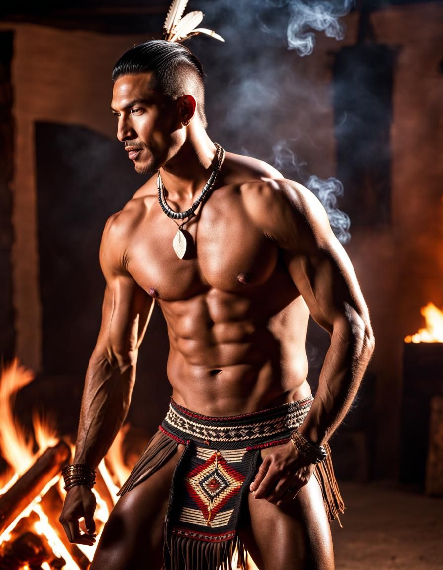 Regal Native American Warrior Embracing the Flickering Flame...