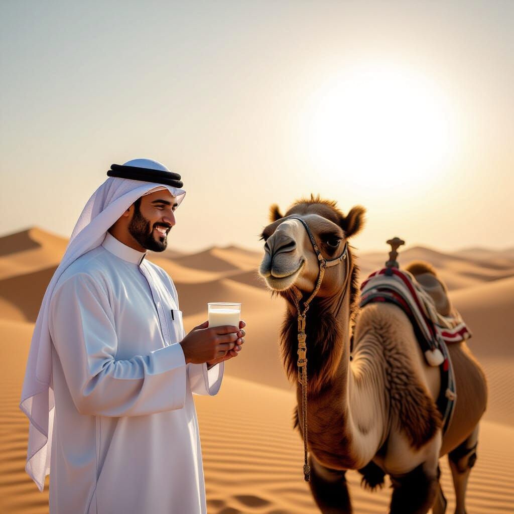 Arab Man Drinks Camel Milk in Desert Oasis