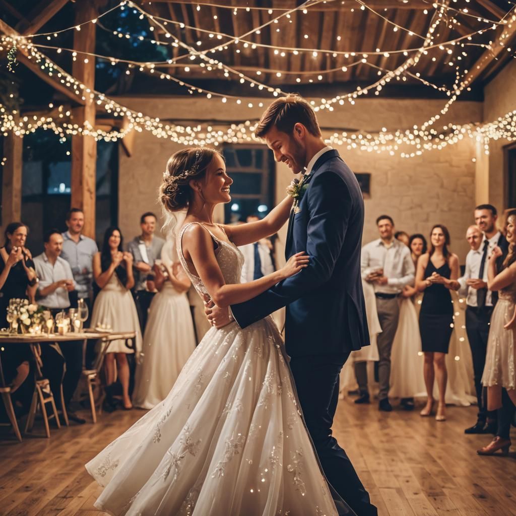 Romantic Bride and Groom Dance Under Fairy Lights