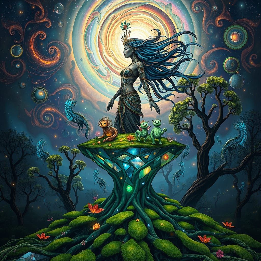 Mystical Shaman on Floating Island in Surreal Style