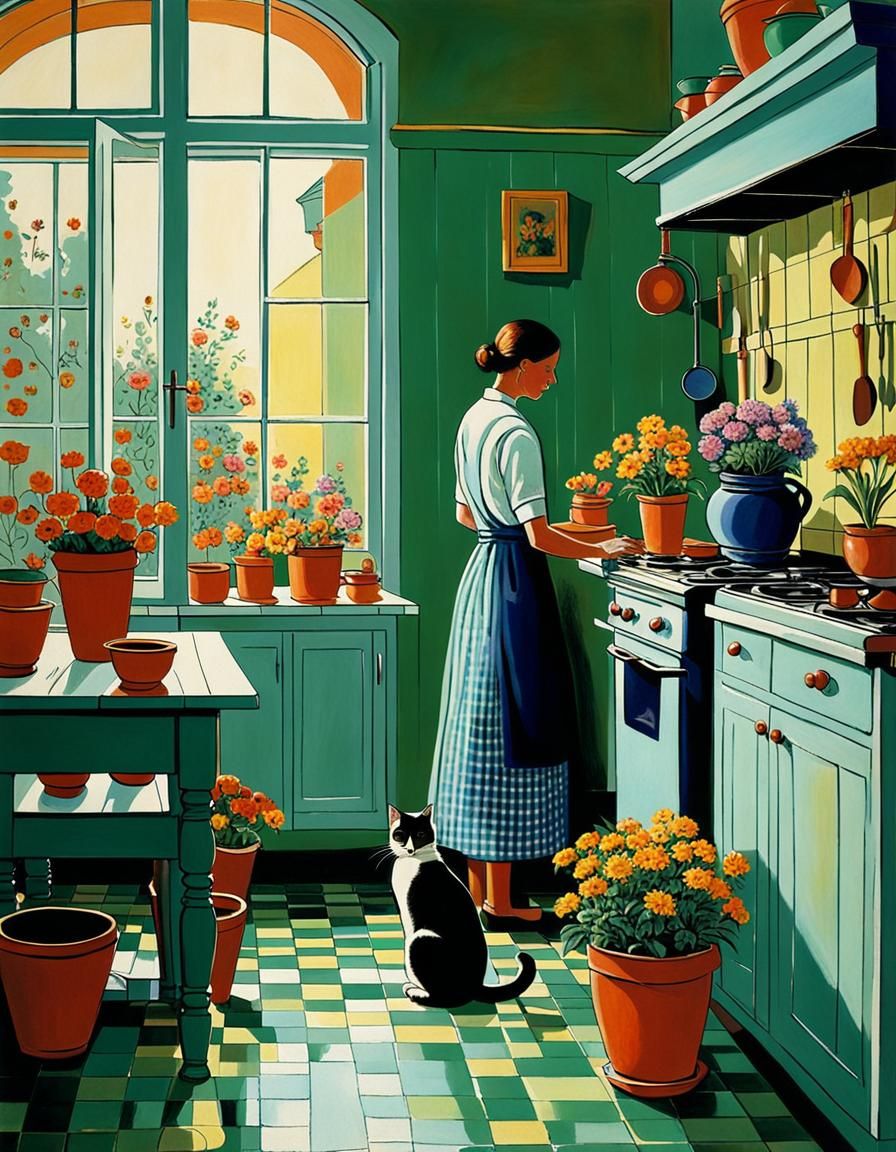 Woman in Vibrant Kitchen with Flowers and Whimsical Cat