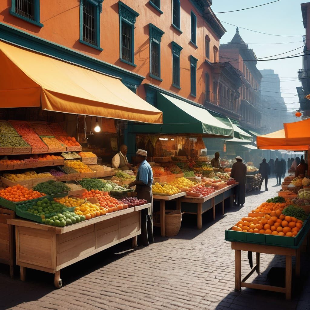 Vibrant African Market Stall with Fresh Produce and Lively A...