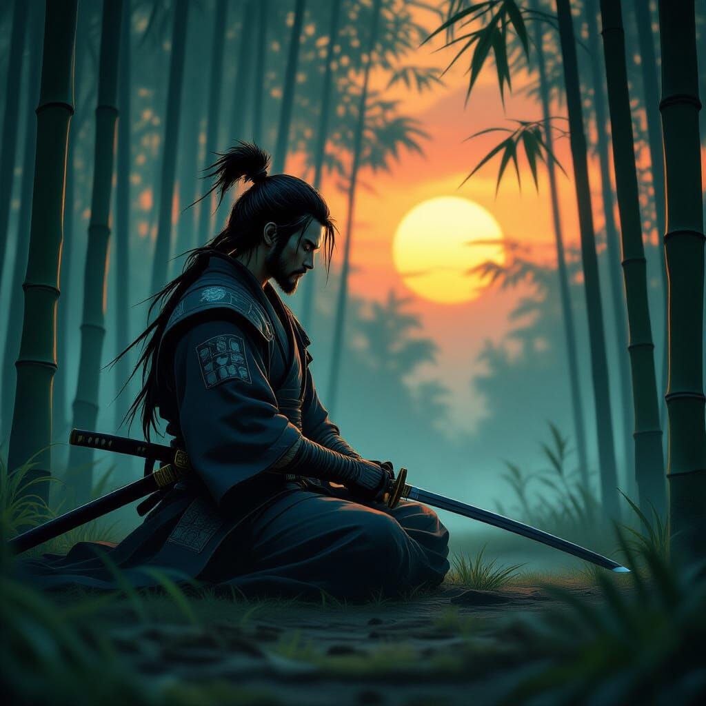 Samurai Meditating in Bamboo Forest at Sunset