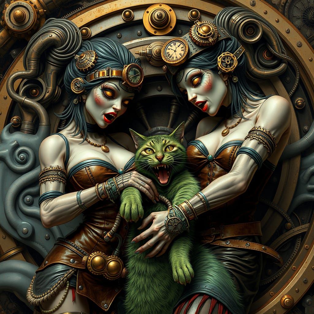 Steampunk Women Attack Cat in Biomechanical World