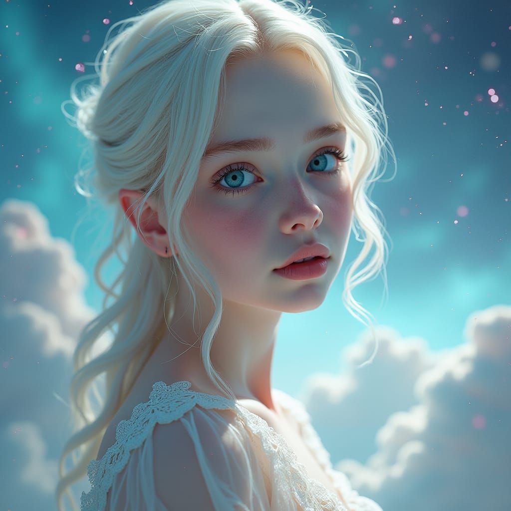 Ethereal Teenage Goddess in Iridescent Skies