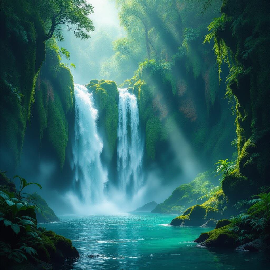 Hidden Waterfall in Lush Fantasy Paradise