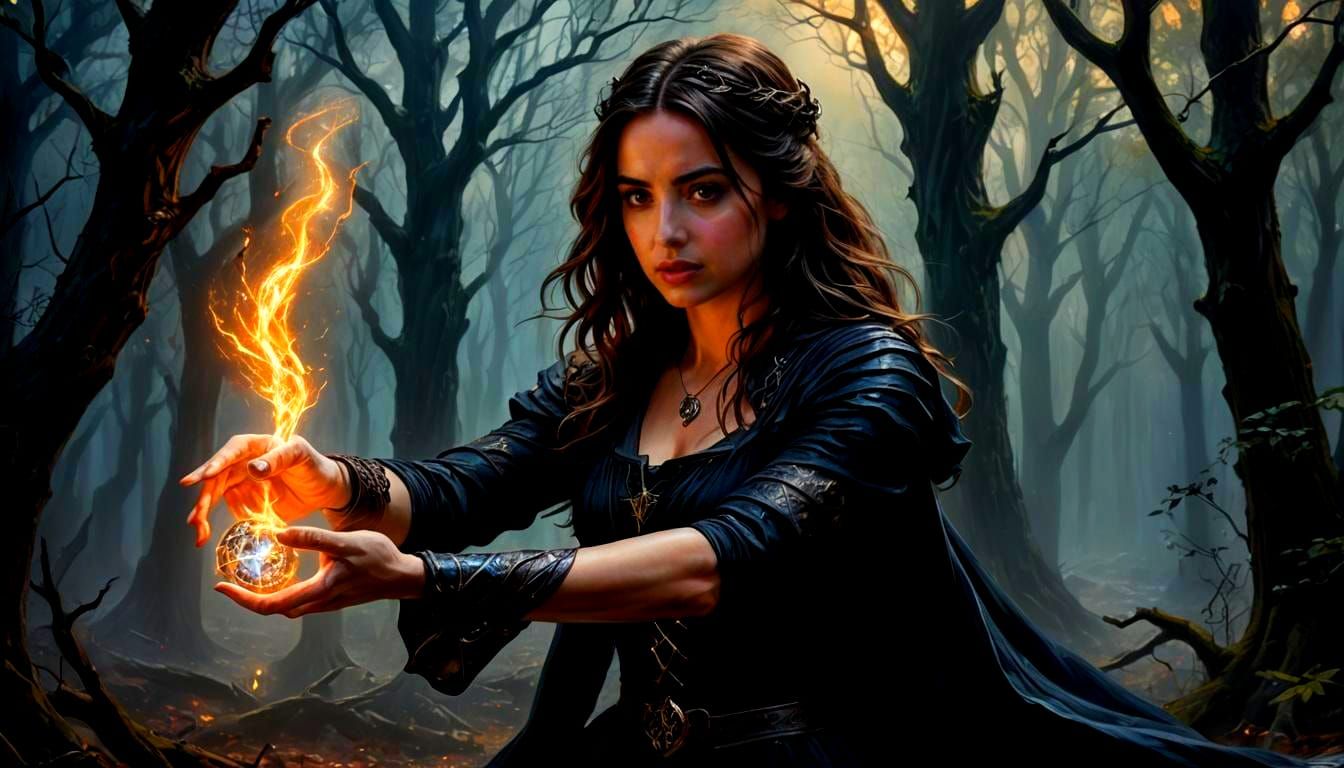 Morgane Le Fay Battles Merlin in Dark Woodland Enchantment