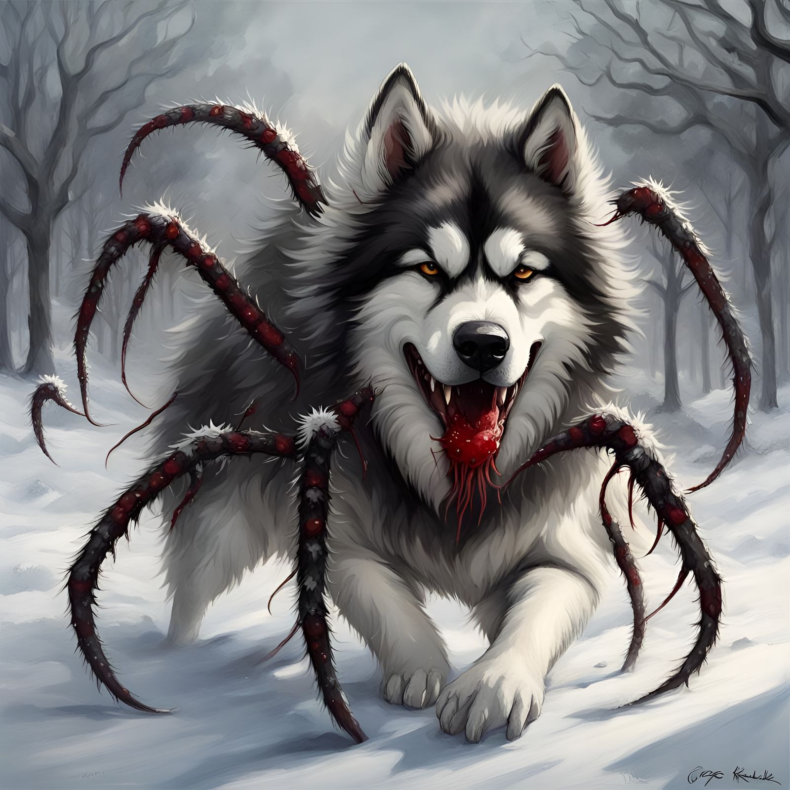 Malamute Dog Embarks into Snowy Abyss with Sinister Tentacle...