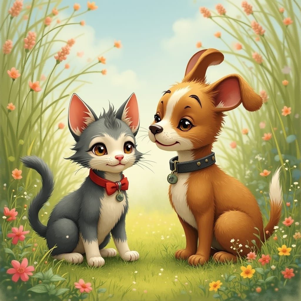 Whimsical Cat and Dog Playdate in Dreamy Garden