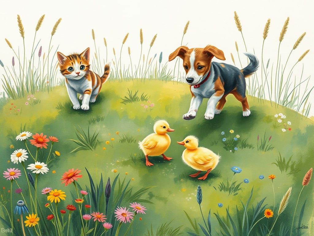 Whimsical Furry Friends Play Amidst Vibrant Wildflowers and...
