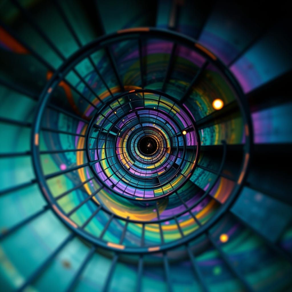 Psychedelic Spiral Staircase Close-up with Fisheye Lens