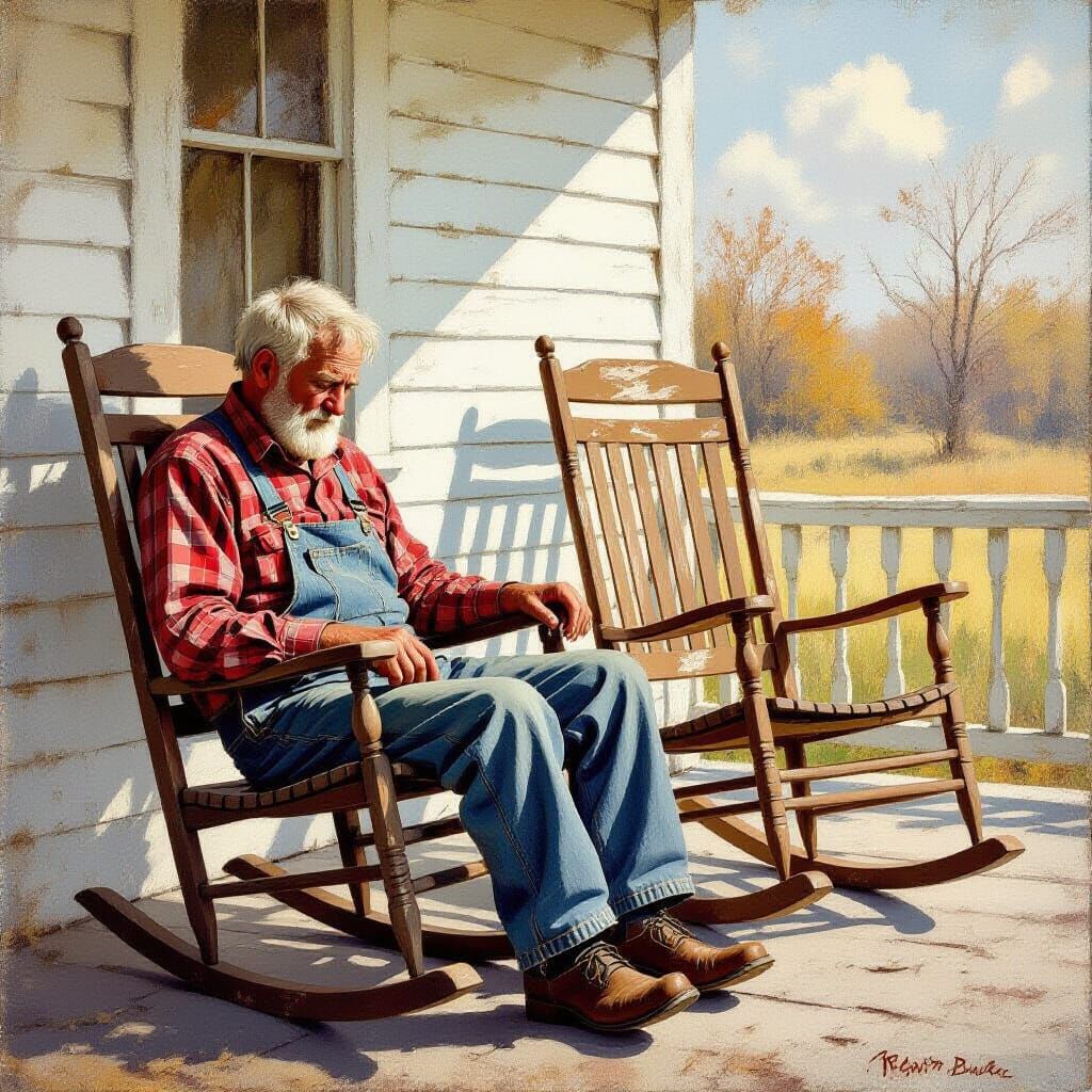 Sorrowful Old Man on Country Porch in Classic Style