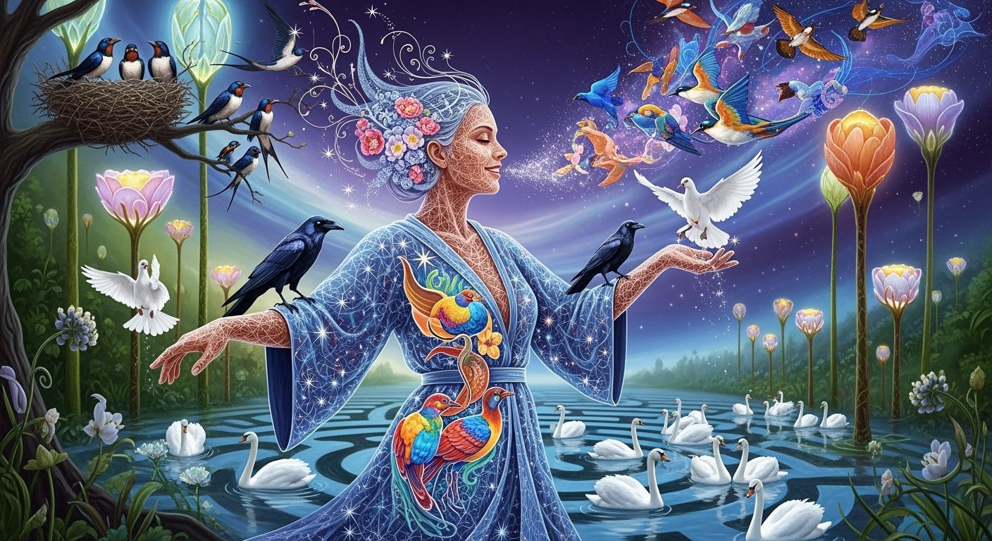 Ethereal Woman Dancing, Dissolving into Iridescent Birds