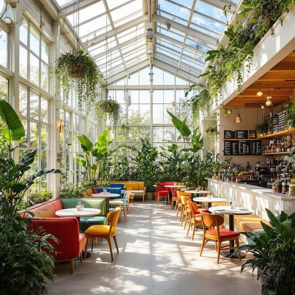 Airy Greenhouse Cafe with Lush Greenery and Natural Light