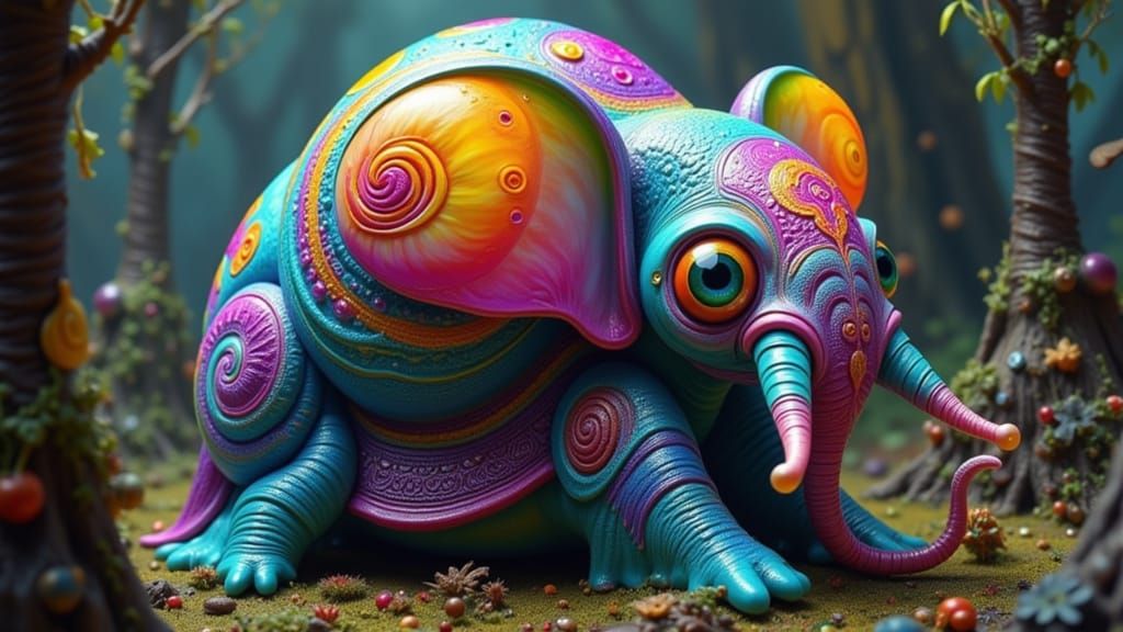 Vibrant Elephant-Snailia in a Whimsical Forest Habitat