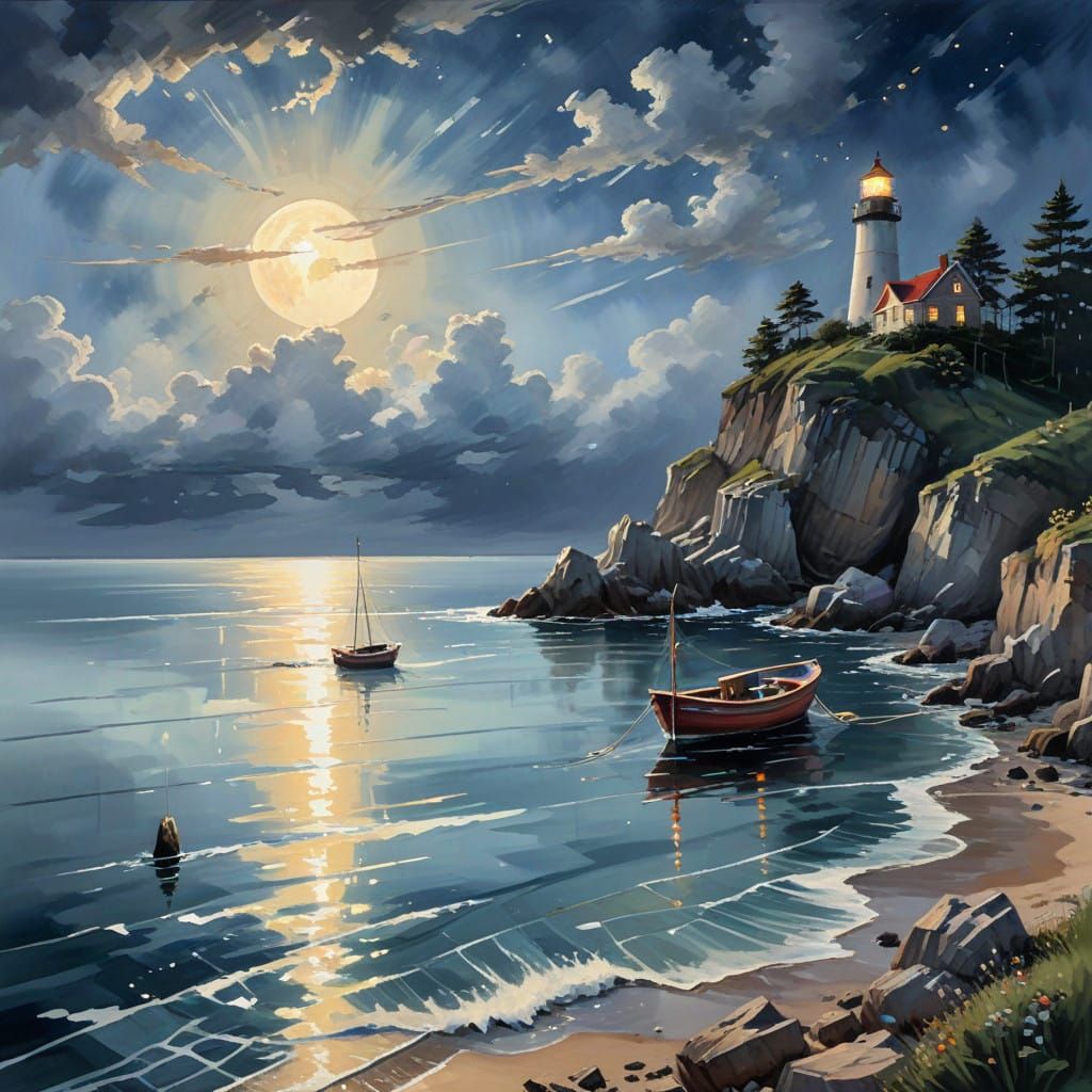 Moonlit Serenity: A Nocturne Oil Painting of a Rocky Coast