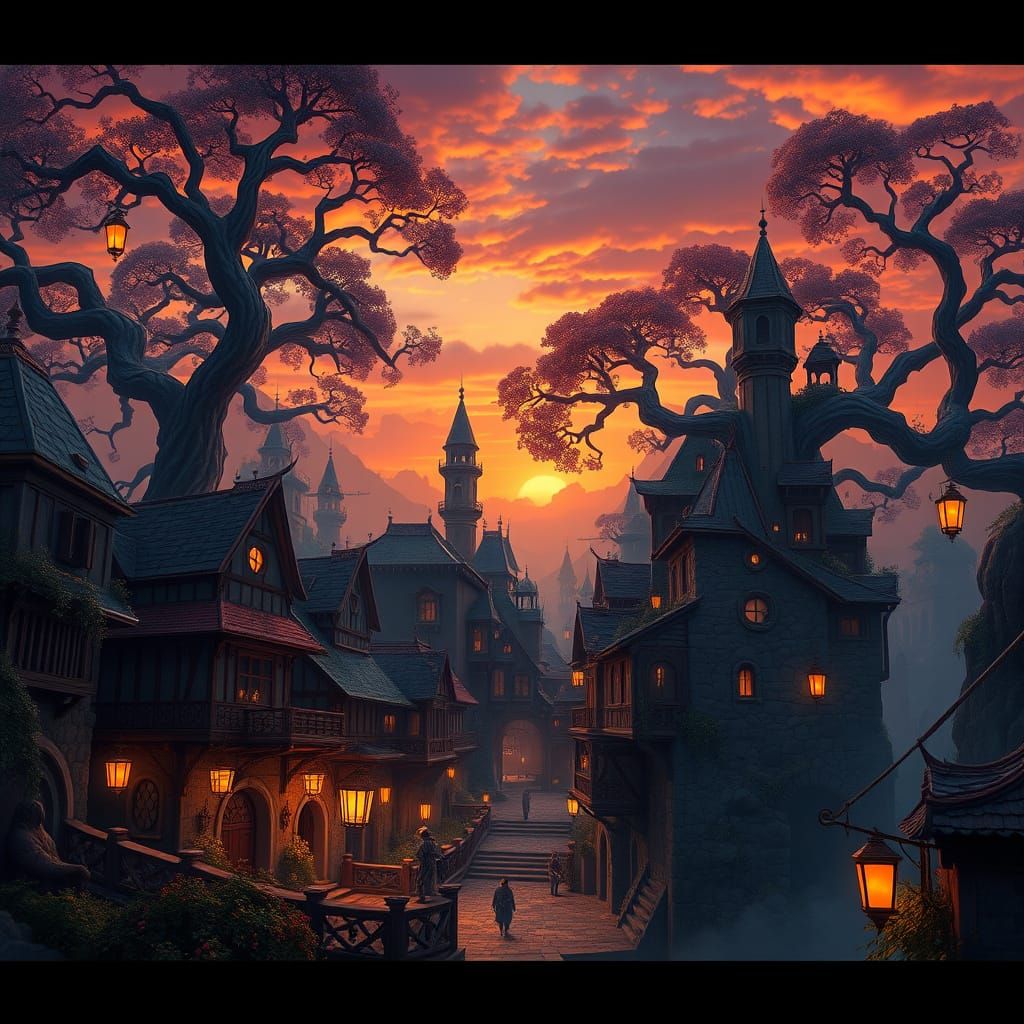 Whimsical Fantasy Townscape at Sunset