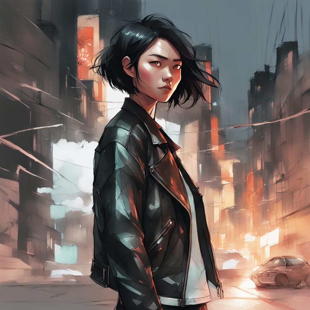 Dark Fantasy City Goddess in Leather Jacket