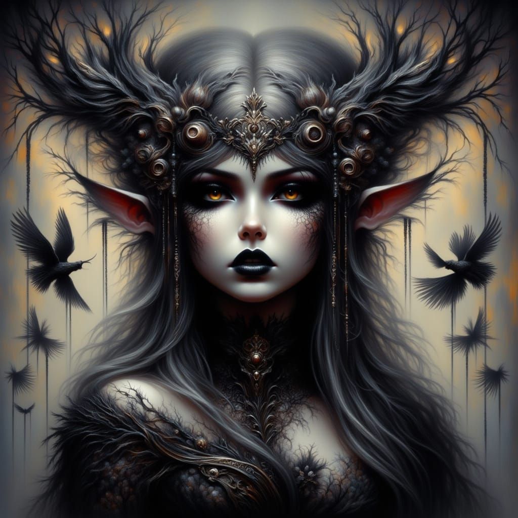 Gothic Elf with Raven Wings and Skull Staff