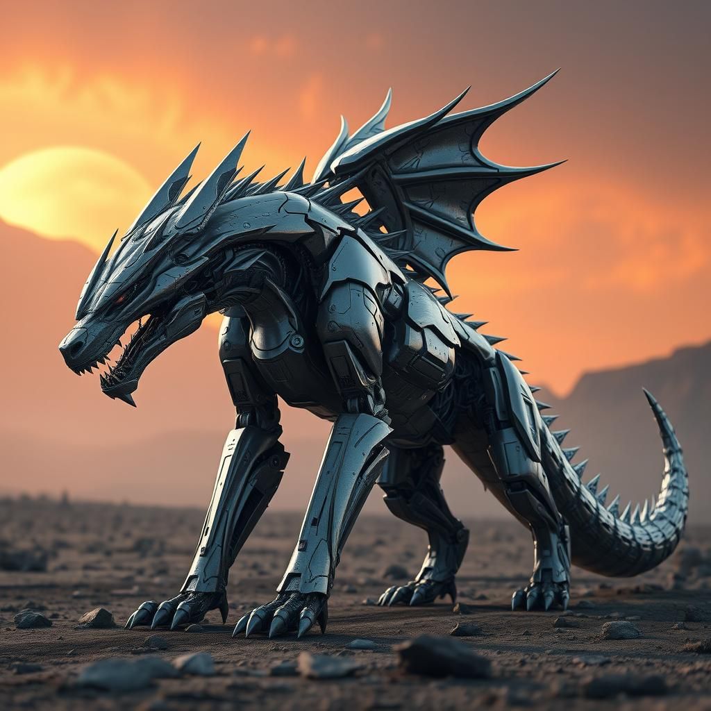 Cyberpunk Dragon Wolf Mech Dominates Desolate Sci-Fi Landsca...