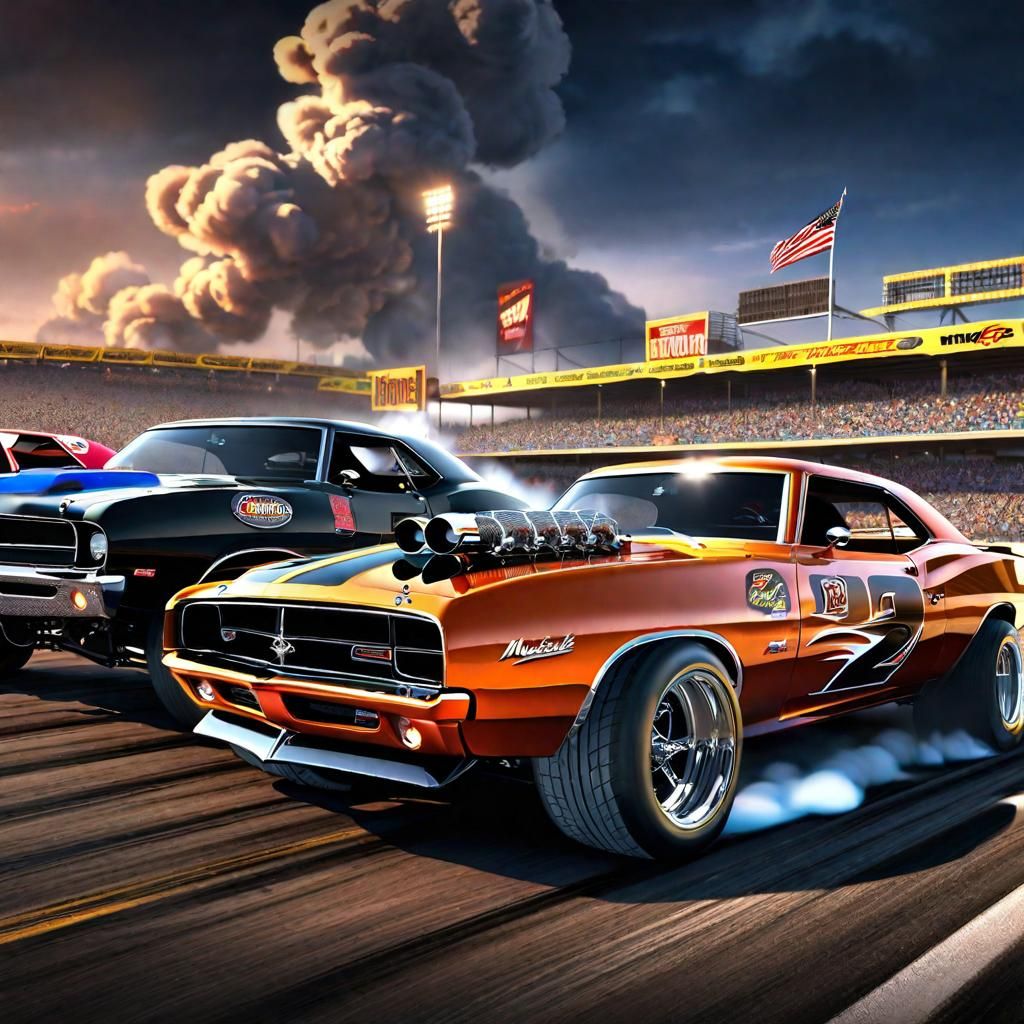 Drag Racing Muscle Cars in High-Octane Action, in a Retro-Fu...