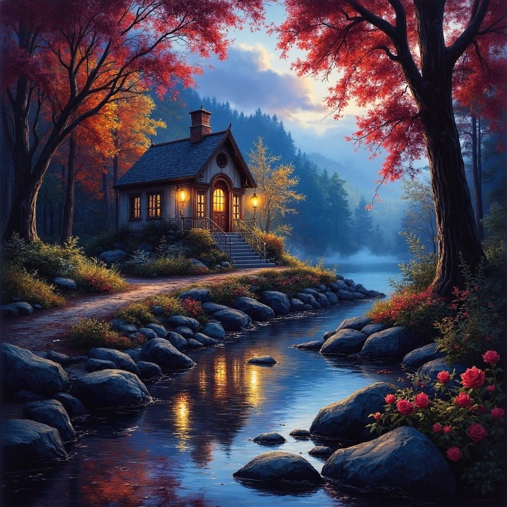 Mystical Autumn Landscape with Old Shack on a Hill