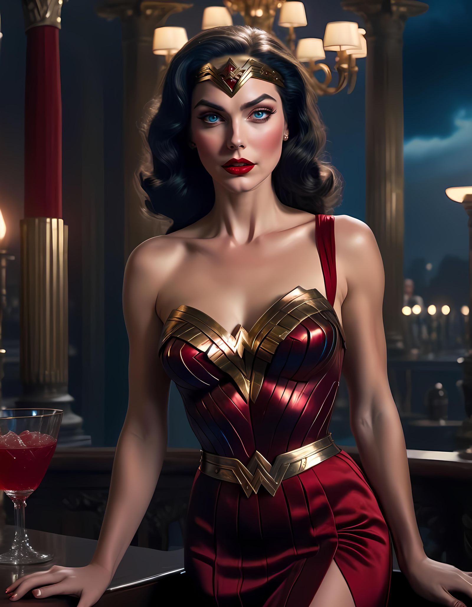 Wonder Woman Embodies 50s Glamour in Crimson Cocktail Dress