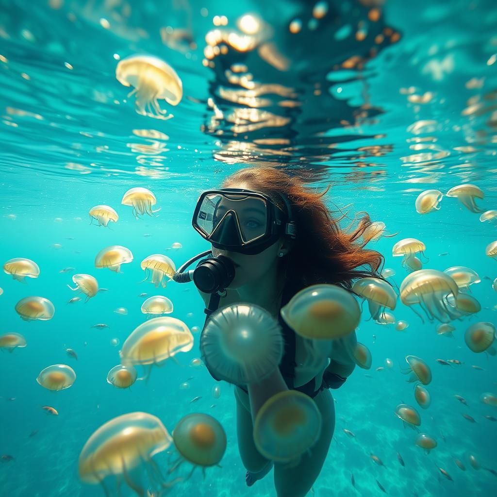 A Serene Diver Surrounded by Jellyfish in a Dreamy Oceanic S...