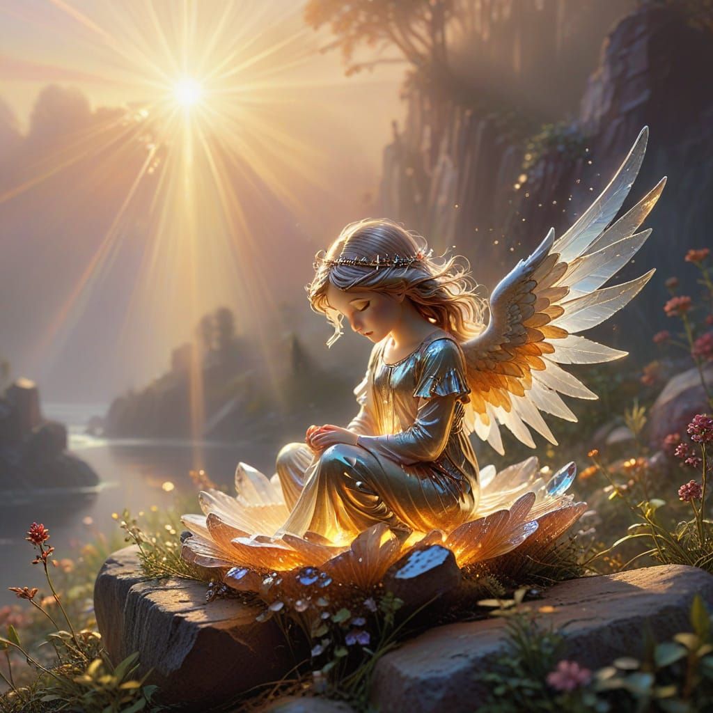 Surreal Angel Awakens in Amber Crystal