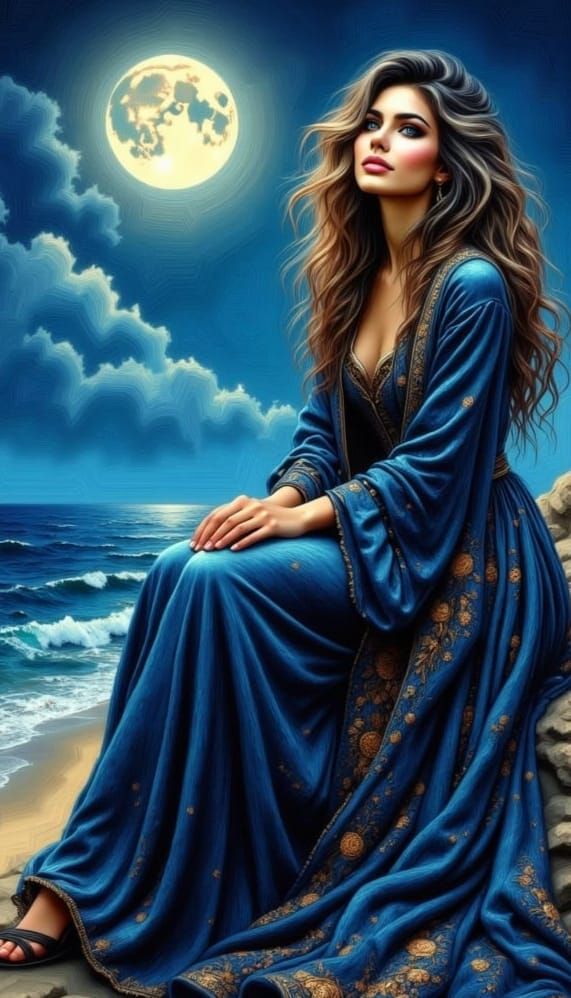 Ethereal Woman in Blue Velvet Amidst a Celestial Landscape