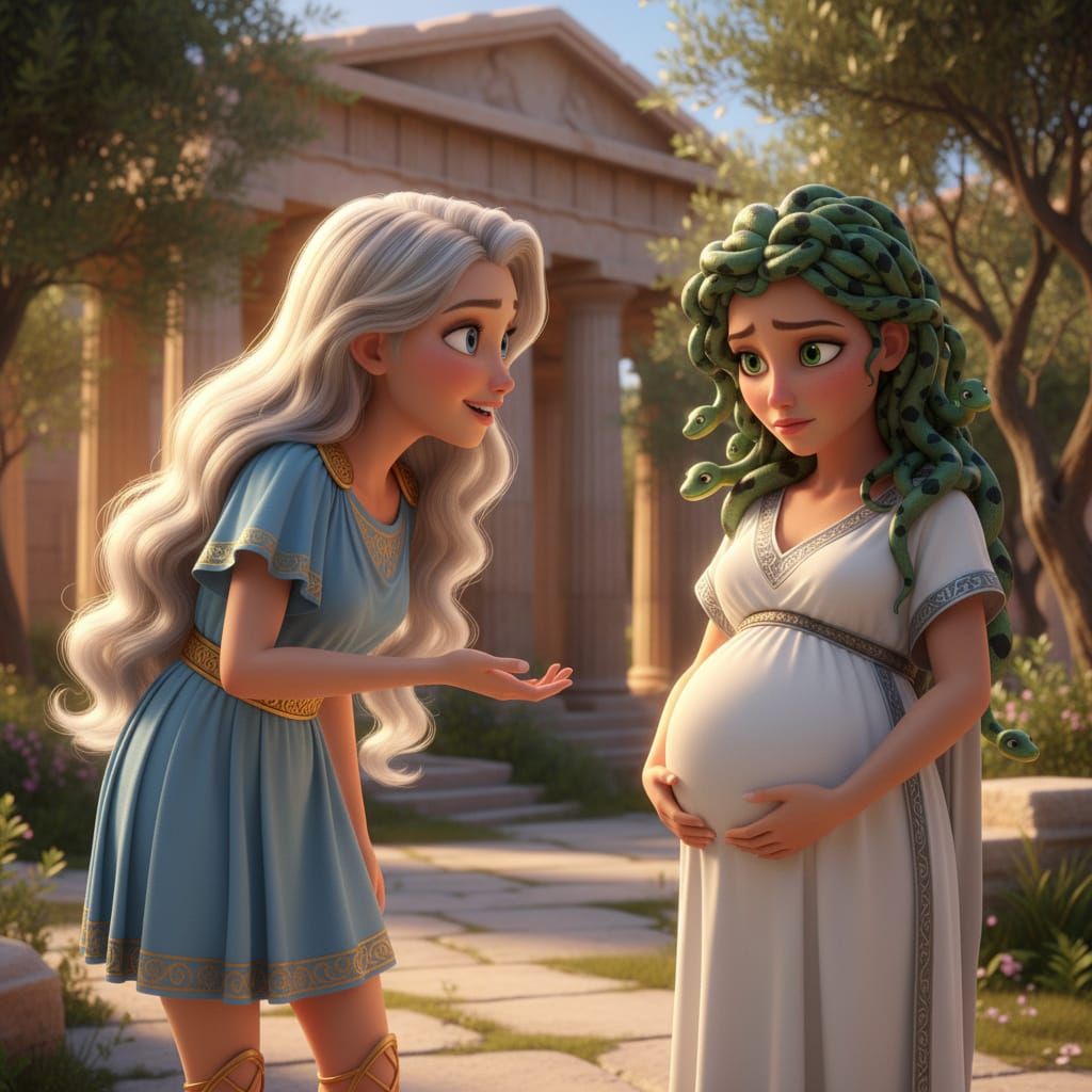 Young Athena and Medusa in Disney 3D Animation Style