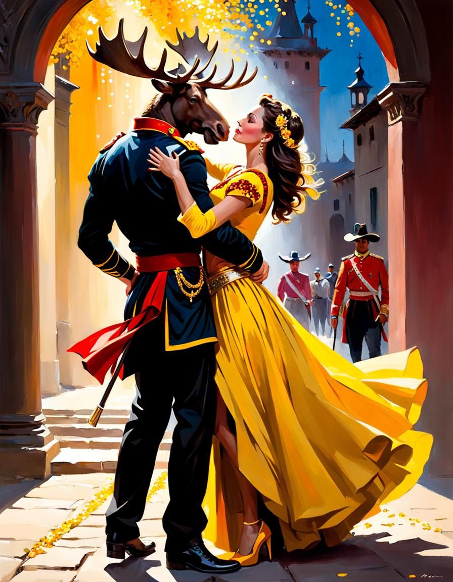 Romantic Spanish Bullfighter Adores Señorita in Vibrant Oil....