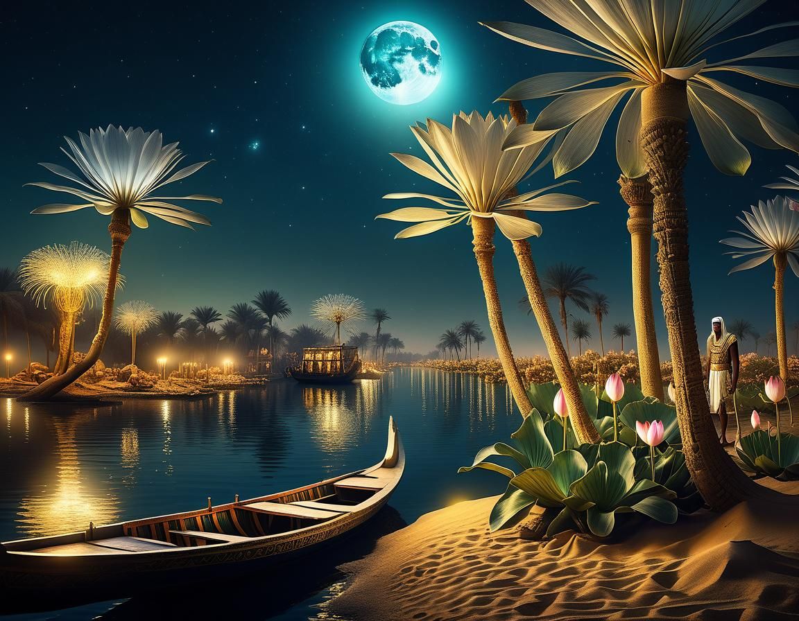 Ancient Egyptians Bask in Moonlit Nile Mystique