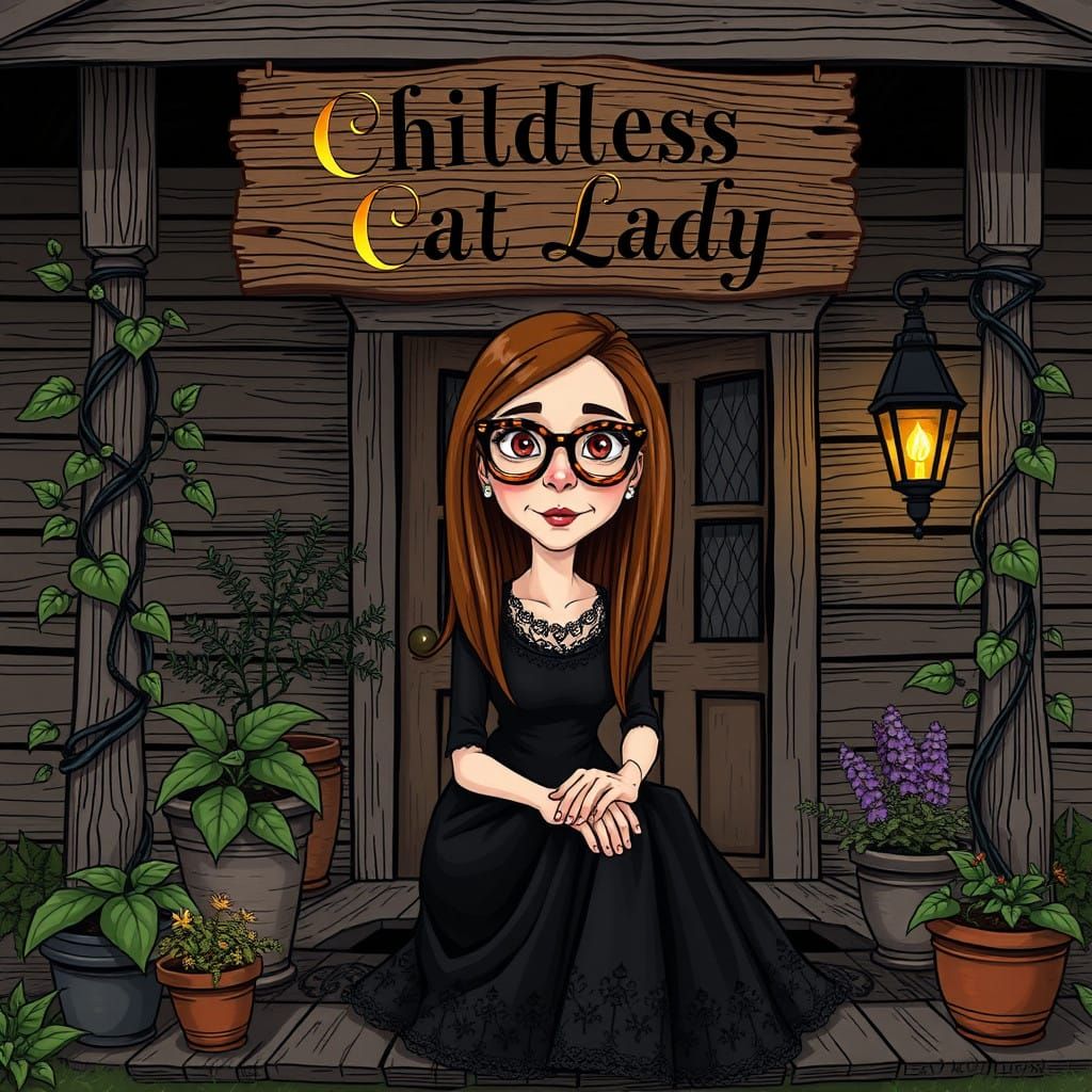 Elegant Childless Cat Lady in Whimsical Gothic Cartoon Style