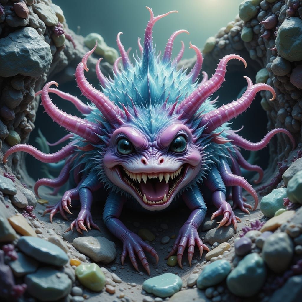 Creepy-Cute Creature with Neon Stripes and Tentacles in Rock...