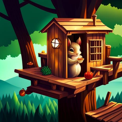A Charming Squirrel in a Cozy Mini Treehouse in Anime Style