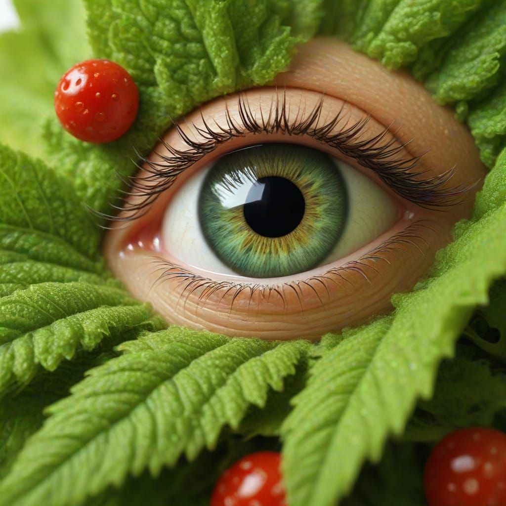 Chenille avec de gros yeux est excitée devant la feuille de  salade