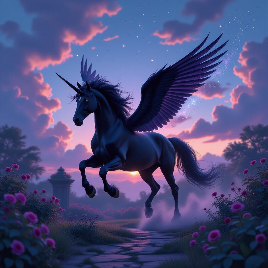 Twilight Unicorn Galloping in Fantasy Dreamscape