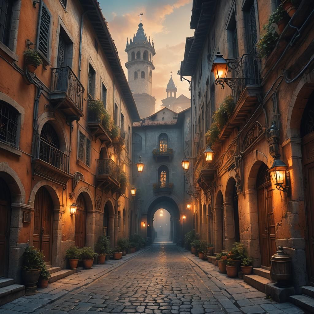 Medieval Italian Alleyway Scene in Vibrant Colors