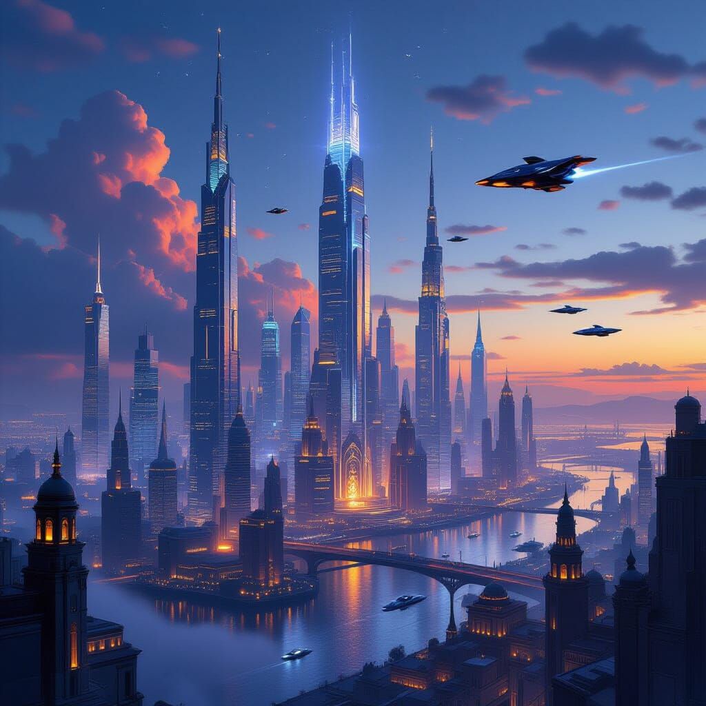 Futuristic Cityscape at Twilight: Golden Hour Glow
