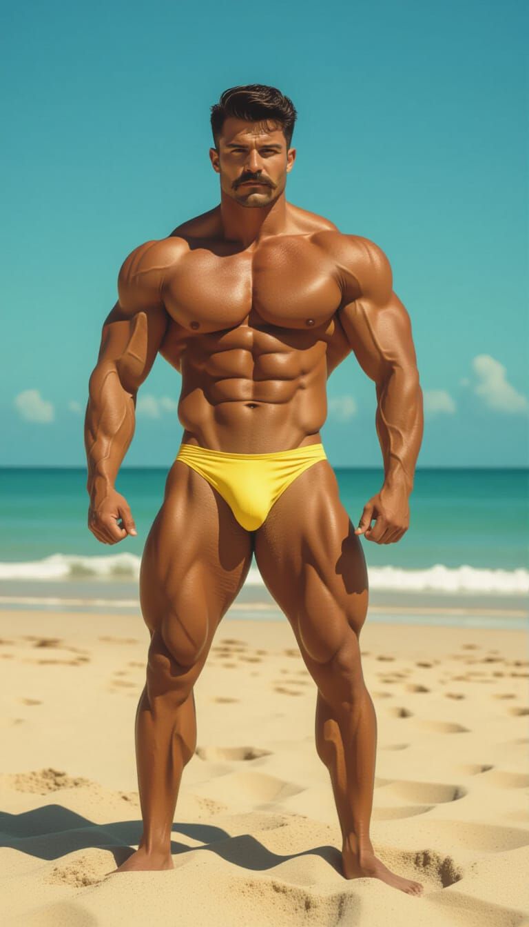 Muscular Mexican Bodybuilder Poses on Sunny 80s Beach