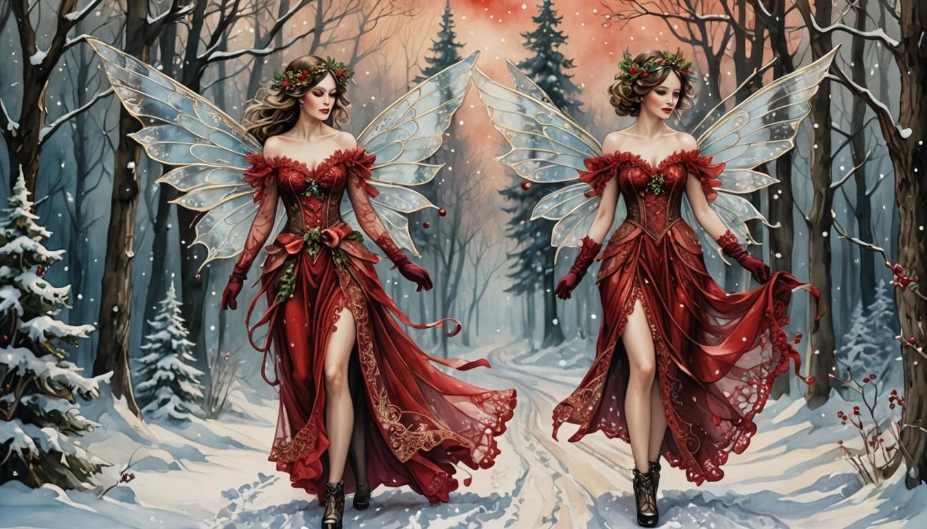Vintage Grunge Christmas Fairy in Winter Wonderland