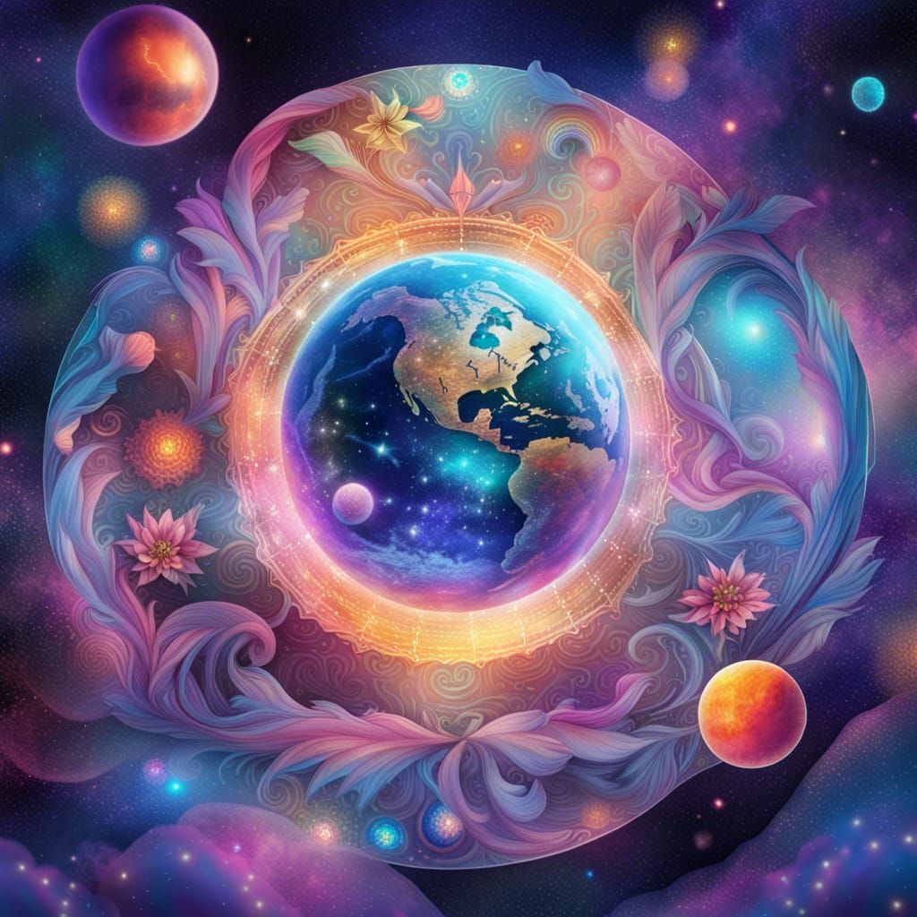 Surreal Cosmic Landscape in Vibrant Holographic Style