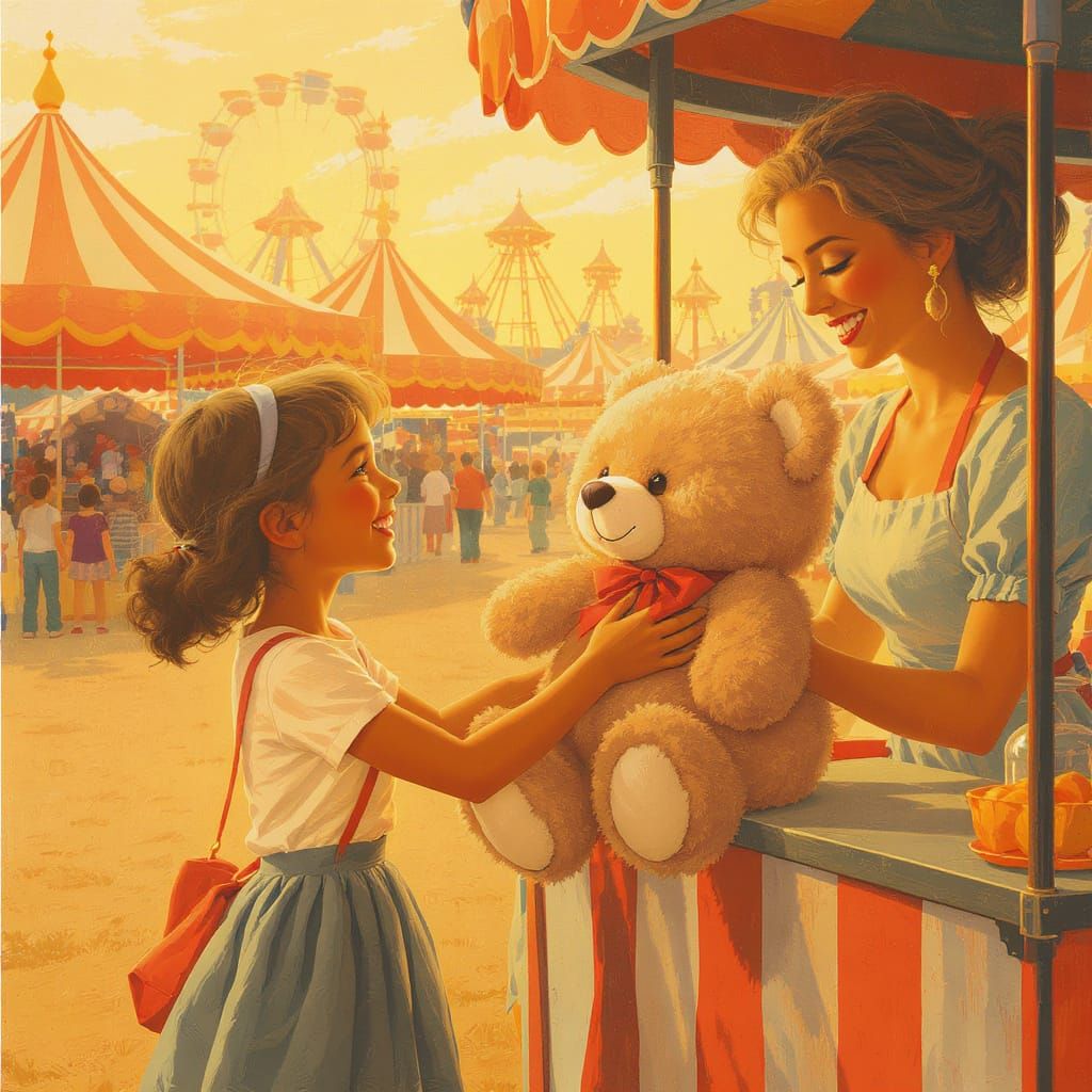 Joyful Girl Wins Teddy Bear at Lively Carnival Fair