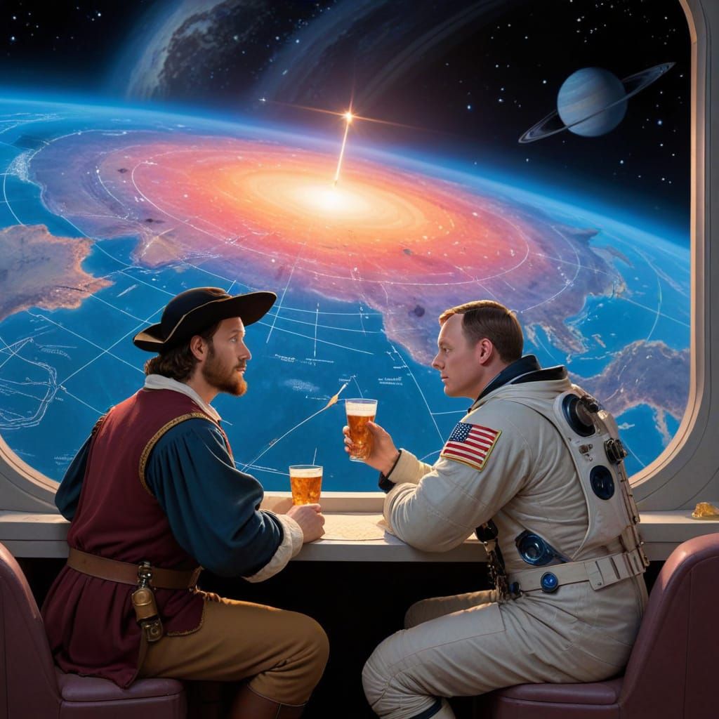 Columbus and Armstrong Share a Drink, Viewing Universe Map