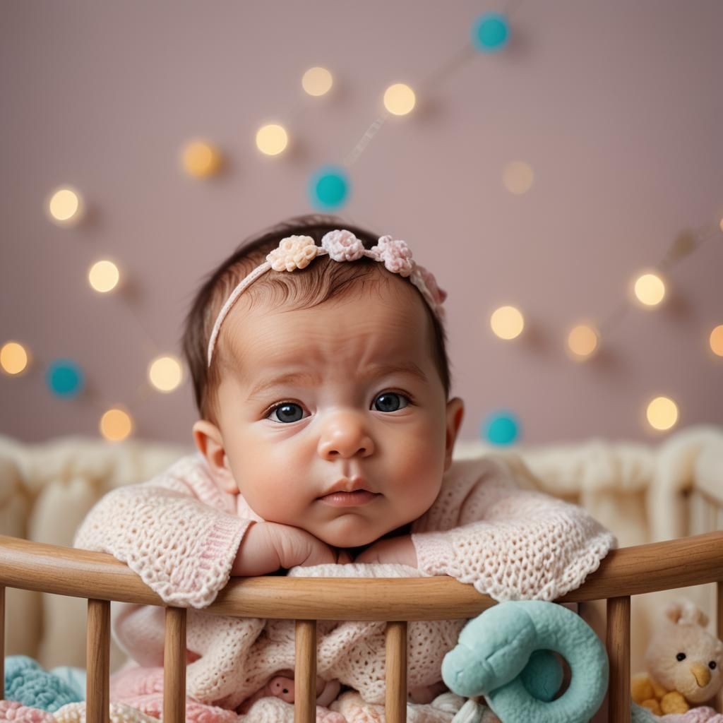 Newborn Baby in Cozy Pastel Crib Studio Portrait