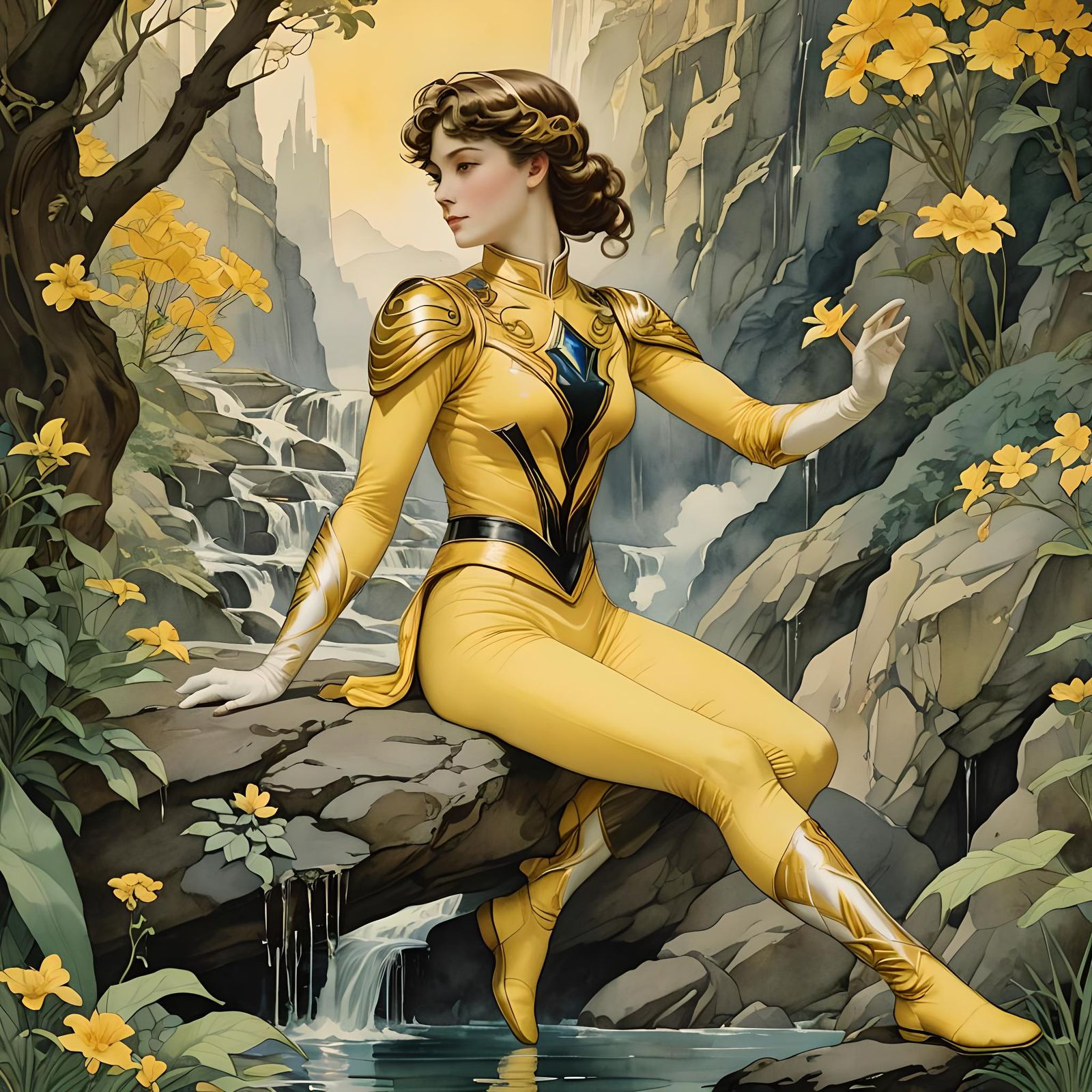 Ethereal Victorian Dreamscapes: Yellow Ranger in Watercolor